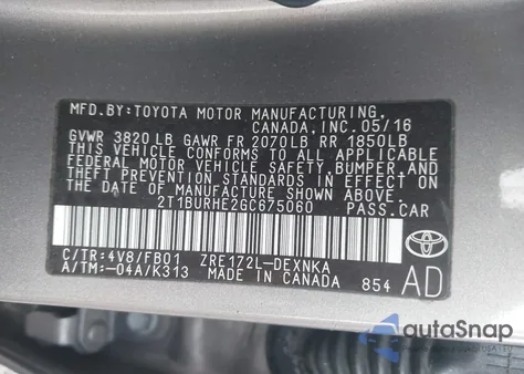 2016 Toyota Corolla L/Le/Le Plus/Le Premium/S/S Plus/S Premium/S W/Special Edition Pkg из США, поврежденный, VIN 2T1BURHE2GC675060